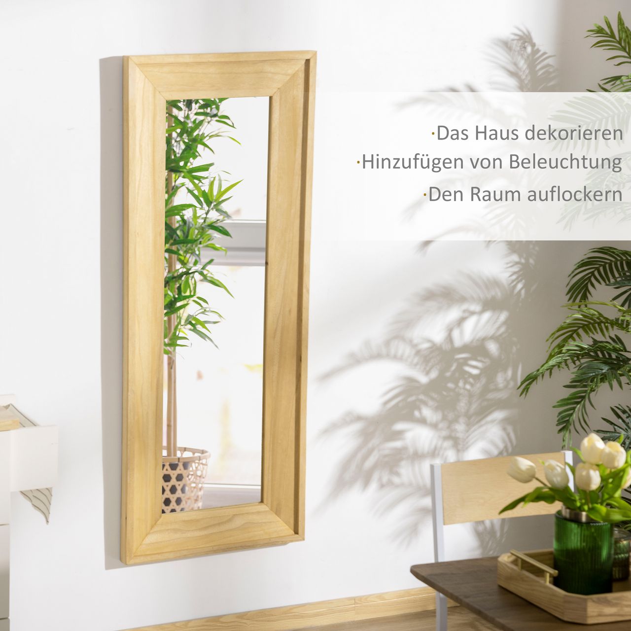 HOMCOM Wandspiegel Hängespiegel 150 x 60cm Garderobenspiegel Ganzkörperspiegel Flurspiegel mit Holzrahmen Wohnzimmerspiegel für Schlafzimmer Elegant MDF Tannenholz Natur