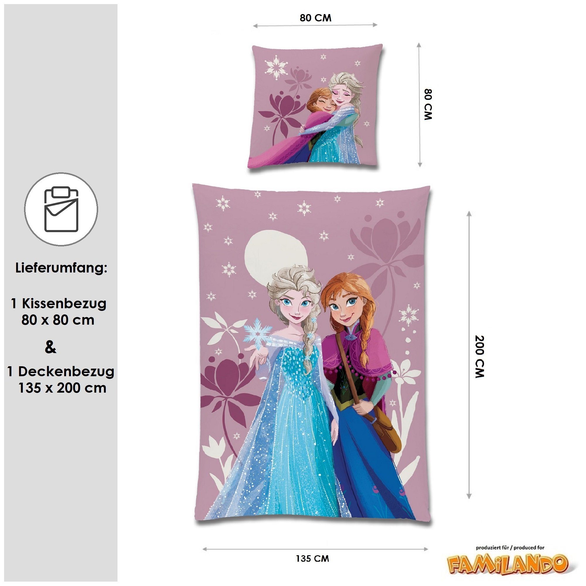 Kinderbettwäsche Frozen Die Eiskönigin 135x200 + 80x80 cm aus 100% Baumwolle, Familando, Renforcé, 2 teilig, 