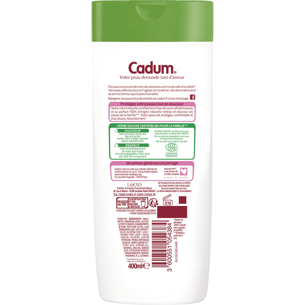 cadum Natural Caresse Crème Douche Certifiée Bio Coco