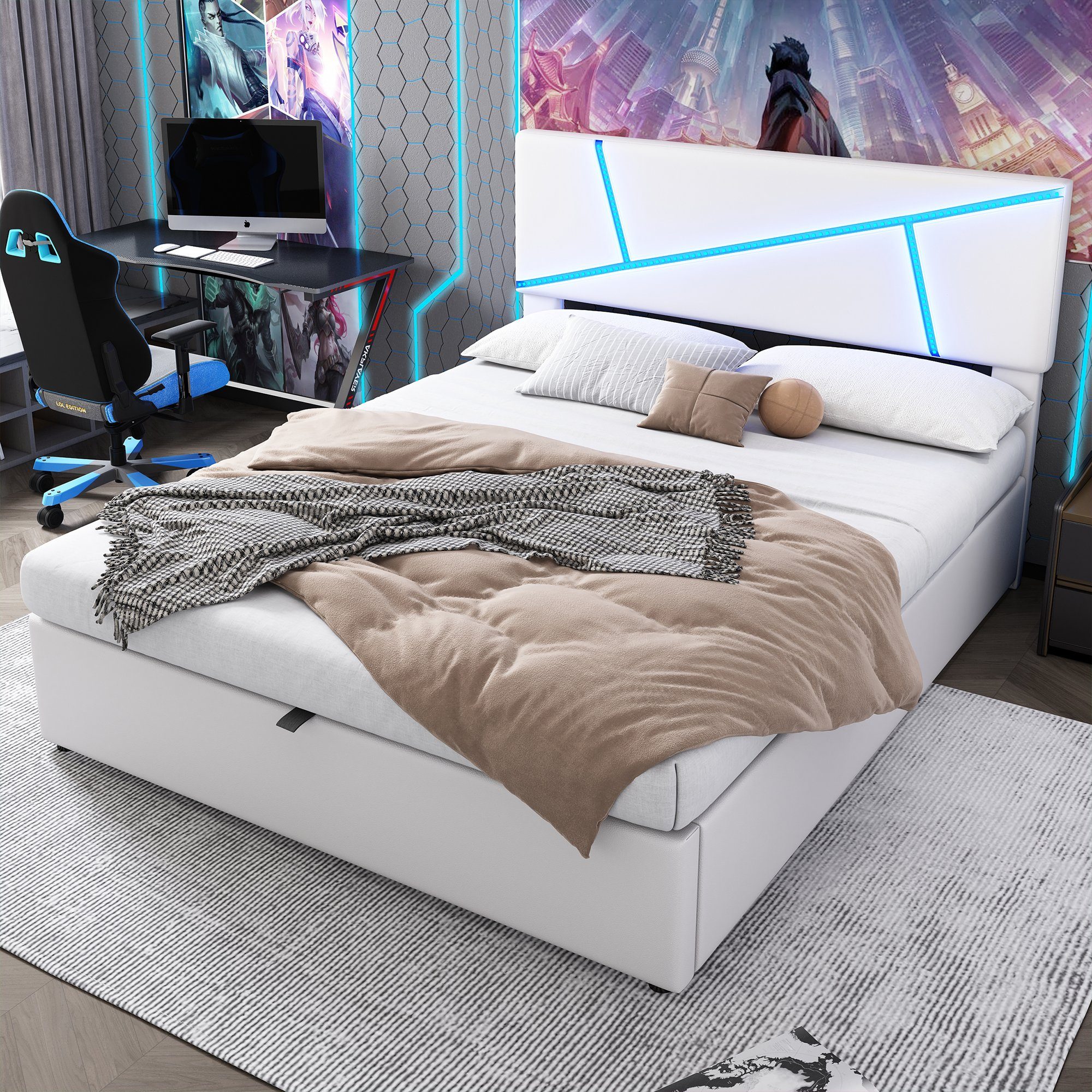OKWISH Polsterbett Bequemes (mit LED-Lichtleisten,160*200 cm, Doppelbett mit Lattenrost, Rückenlehne, Hydraulisches Funktionsbett, Synthetisches Leder), Weiß