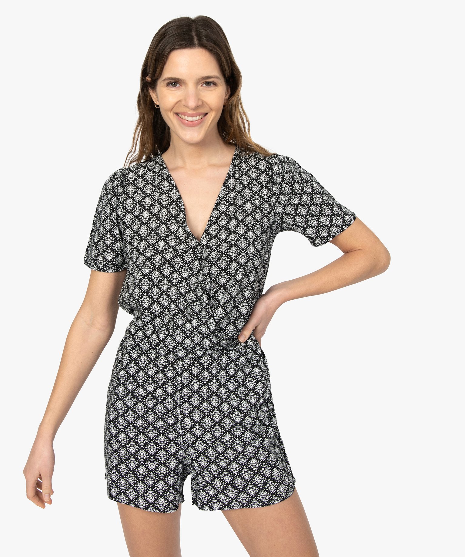 Combishort femme à motifs fleuris et manches courtes imprime | GEMO
