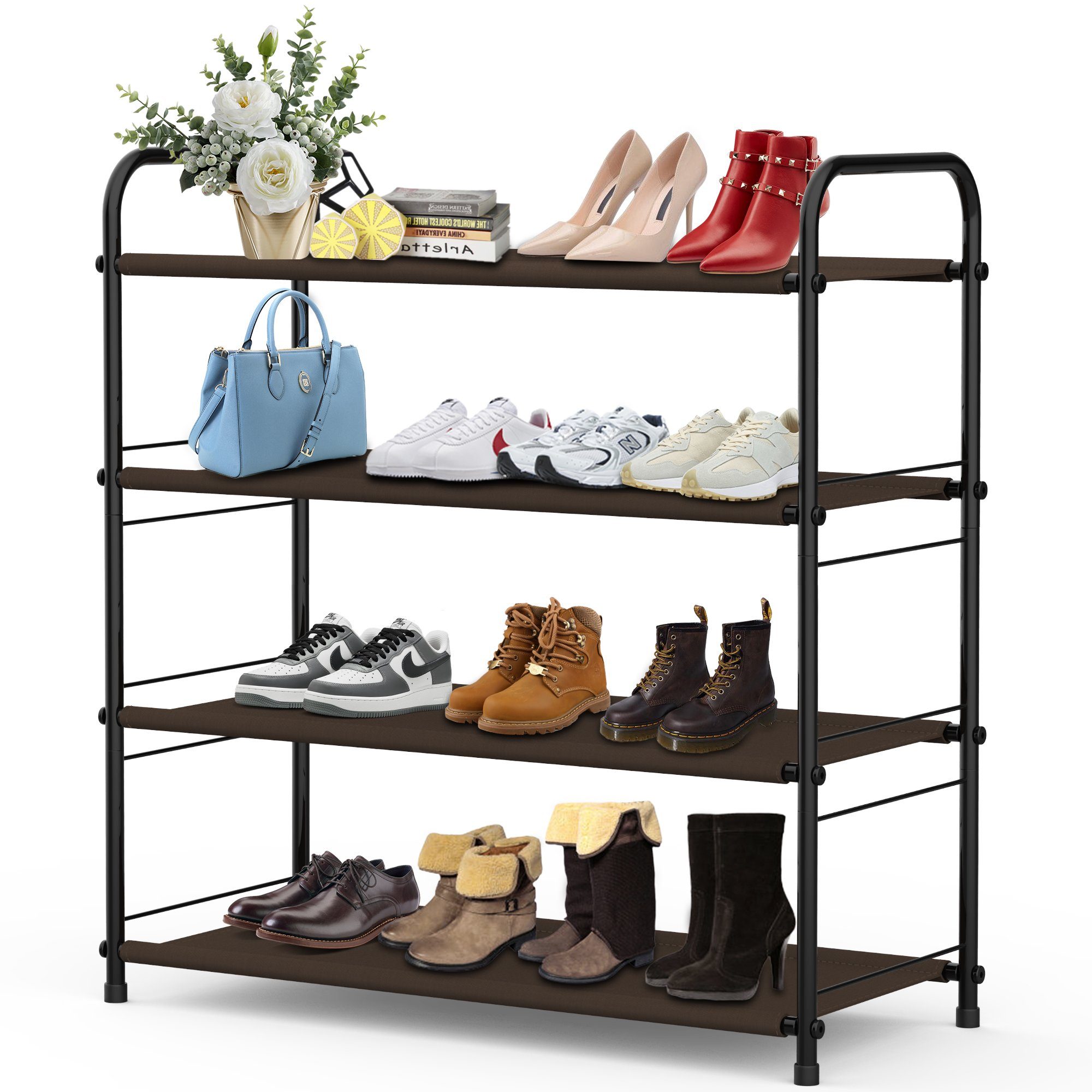 NEFOSO Schuhschrank 4-stöckiges, Metall Schuhregal, Stapelbares und ausziehbares, braun 600D Oxford-Gewebe, Hauseingang Schuhregal Stecksystem, 68x29x65cm