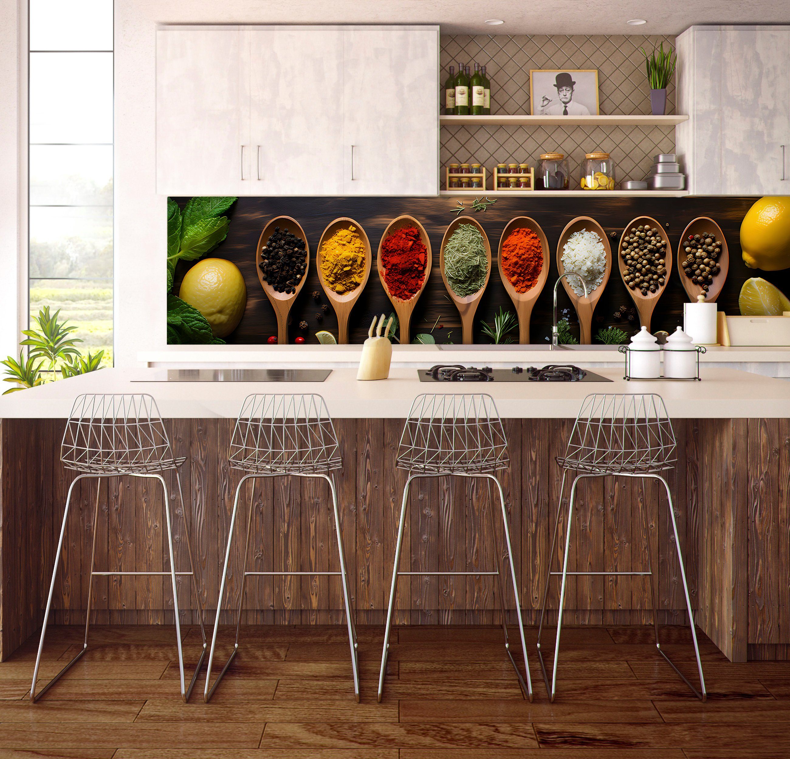 Wallarena Fototapete Küche Löffel Gewürze Holz Vlies Tapete Wandtapete 250x60 cm, Glatt Vlies, Abwaschbares Vlies, Modern, Tapete inklusive Kleister Vliestapete Motivtapete Laminiert Waschbar