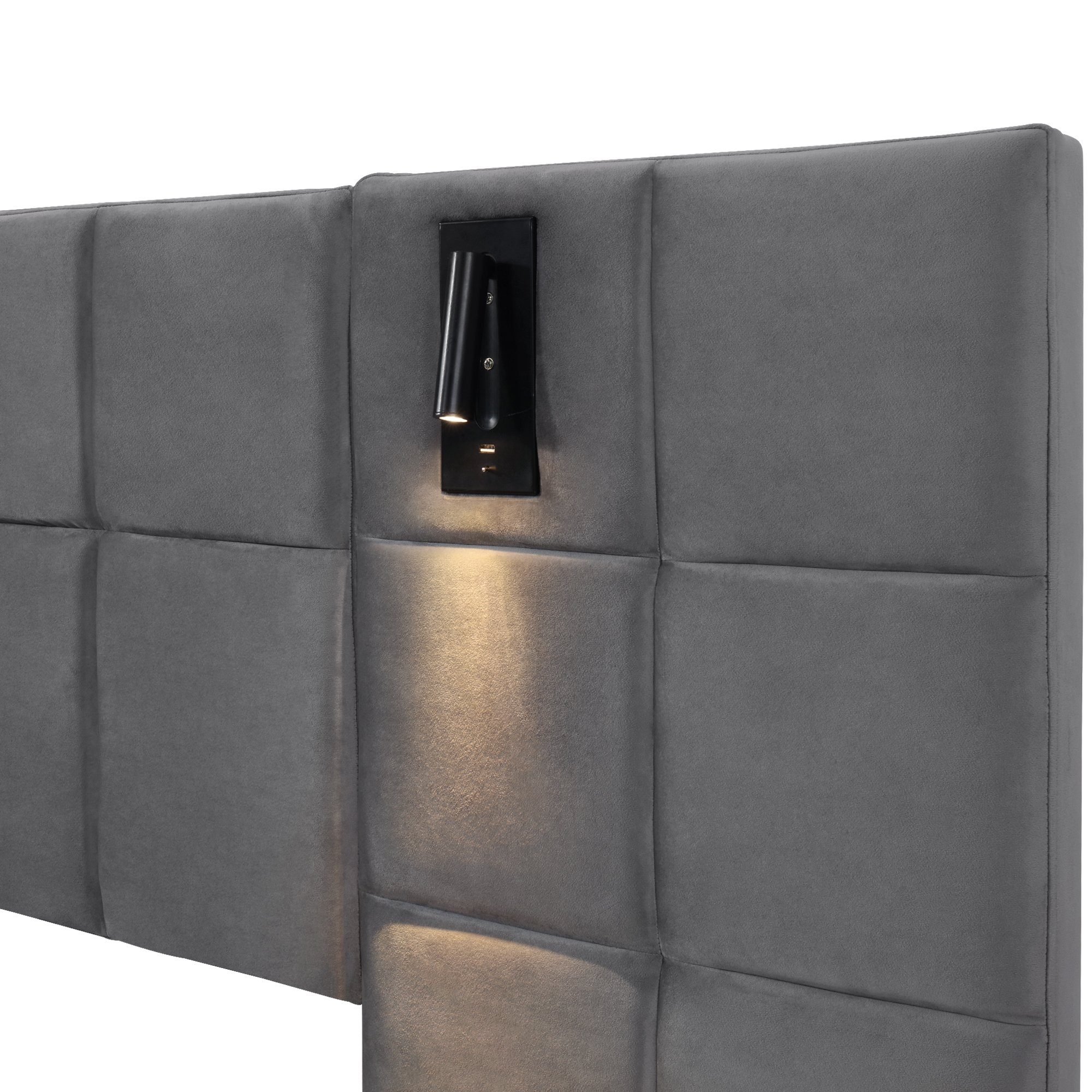 OKWISH Polsterbett Hydraulisch Stauraumbett mit richtungsabhängige (Breites und Schaumstoffgefülltes Kopfteil,Schachbrettmuster, aus Stahlrahmen und Verbundplatten,Samt), 140*200cm,grau