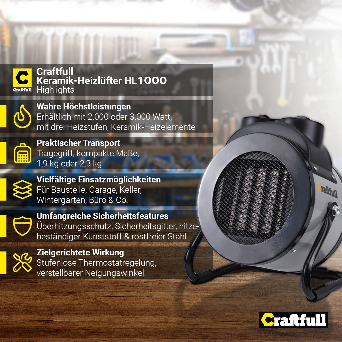 Craftfull Keramikheizlüfter Elektro Heizlüfter HL1000 inkl. 3 Jahre Garantie - Überhitzungsschutz, 2000 W, Elektroheizung Heizstrahler Heizgebläse Heizung - 3 Heizstufen