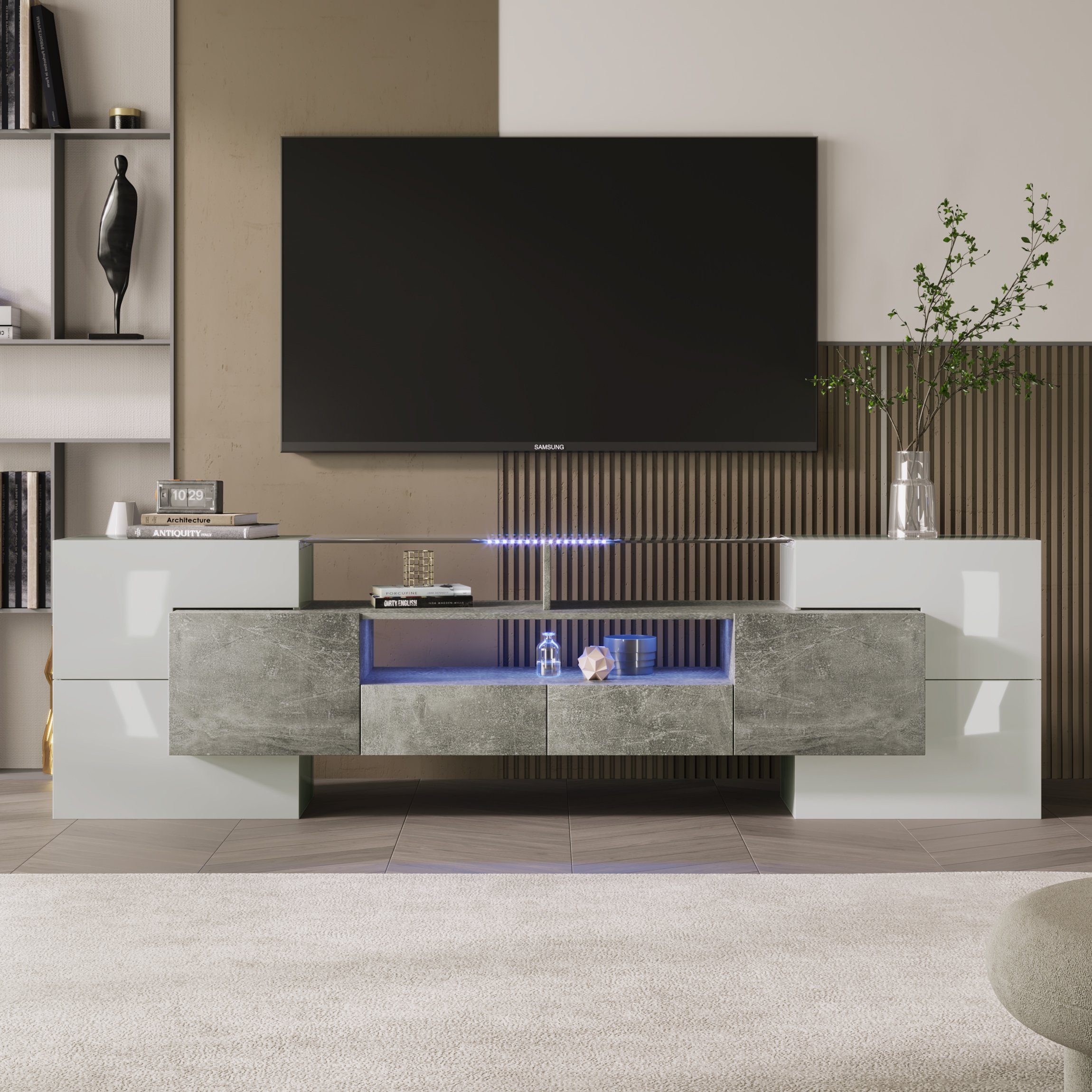 OKWISH TV-Schrank Lowboard TV Schrank (1-St., Weiß+Grau, 200 cm) LED-Beleuchtung, Wohnzimmermöbel. modernes Design
