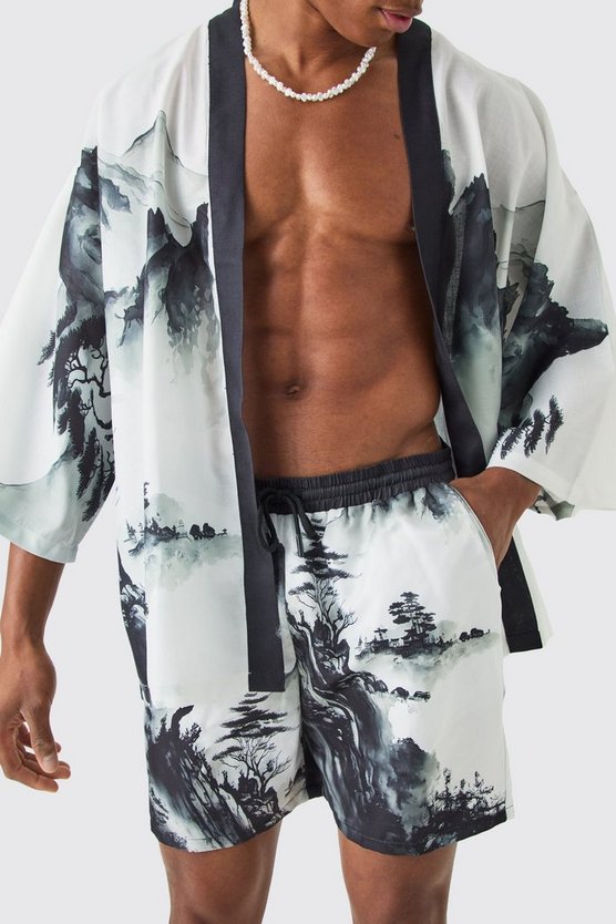 Oversize Kimono-Hemd und Badehose mit Print