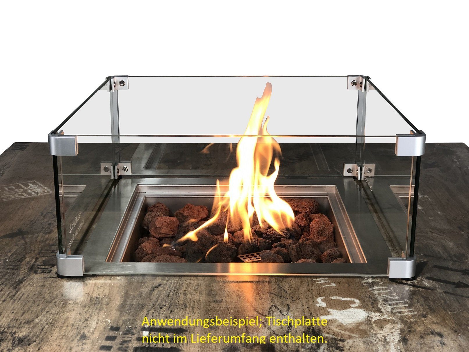 Firestar Feuertisch Gas-Einbau-Brenner SET inkl. Glas, Lavasteinen, Elektrozündung 40x40cm, (Komplett-Set), Edelstahl