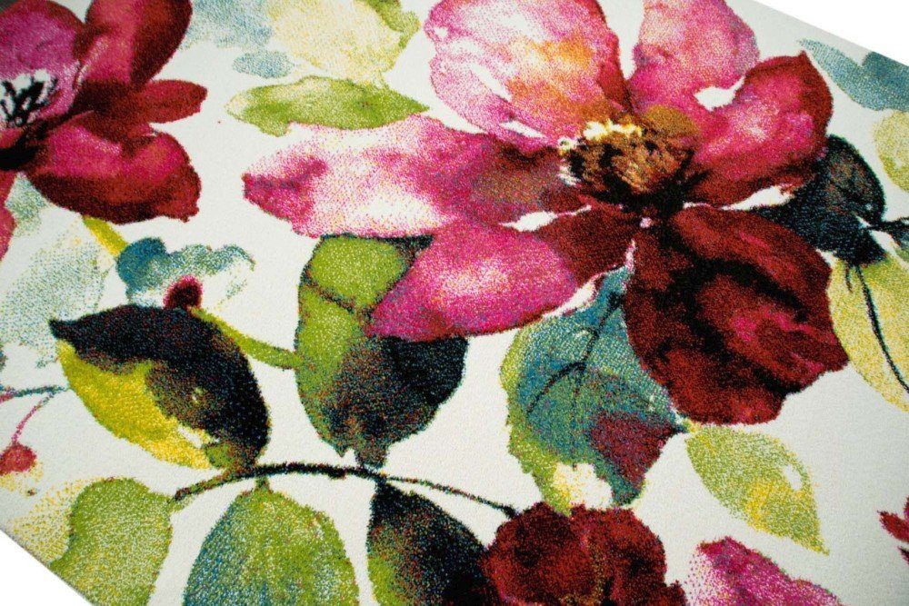 Teppich Moderner Teppich Kurzflor Wohnzimmerteppich Blumen Blüten bunt rot grün türkis, Carpetia, rechteckig, Höhe: 13 mm