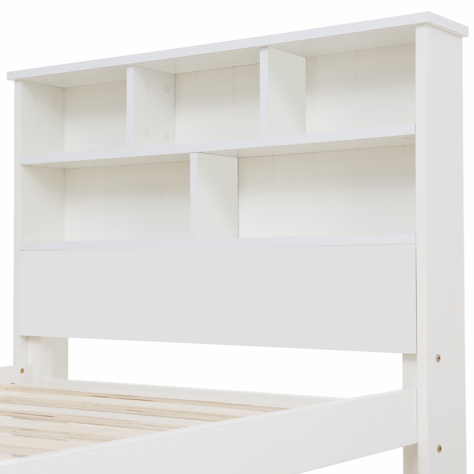 Ulife Massivholzbett Weiß Doppelbett /Einzelbett mit Schubladen und Bücherregal Kopfteil, 140 × 200cm