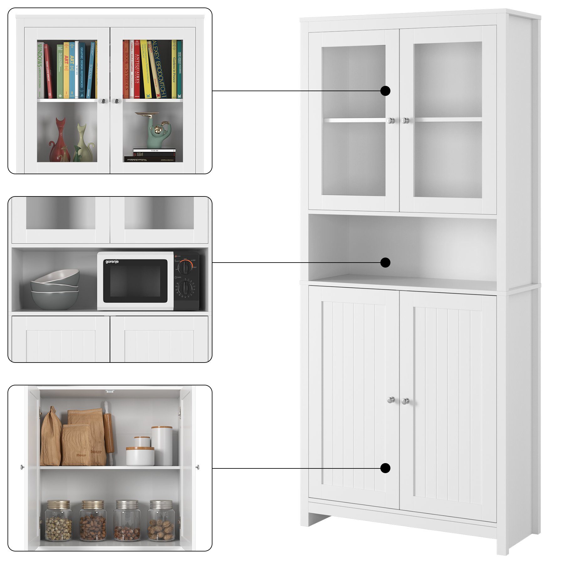 Homfa Hochschrank 190cm Vitrinenschrank, Bücherschrank mit 4 Türen, Buffet, Weiß