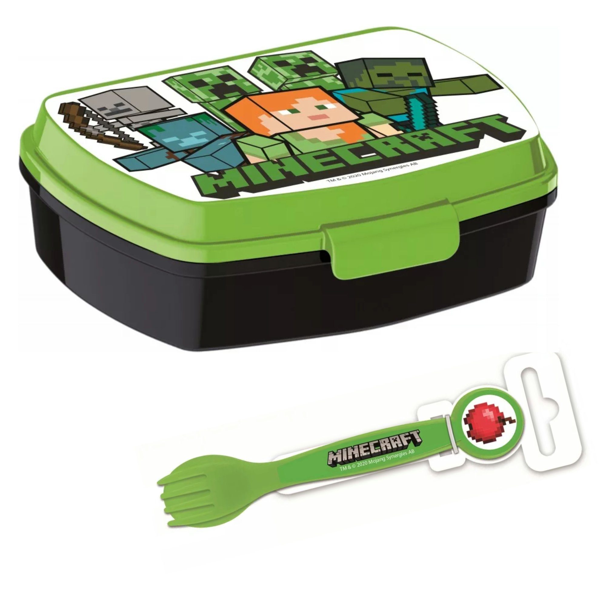 Minecraft Lunchbox Minecraft Kinder Brotdose plus Gabel und Löffel, Kunststoff, (3-tlg)