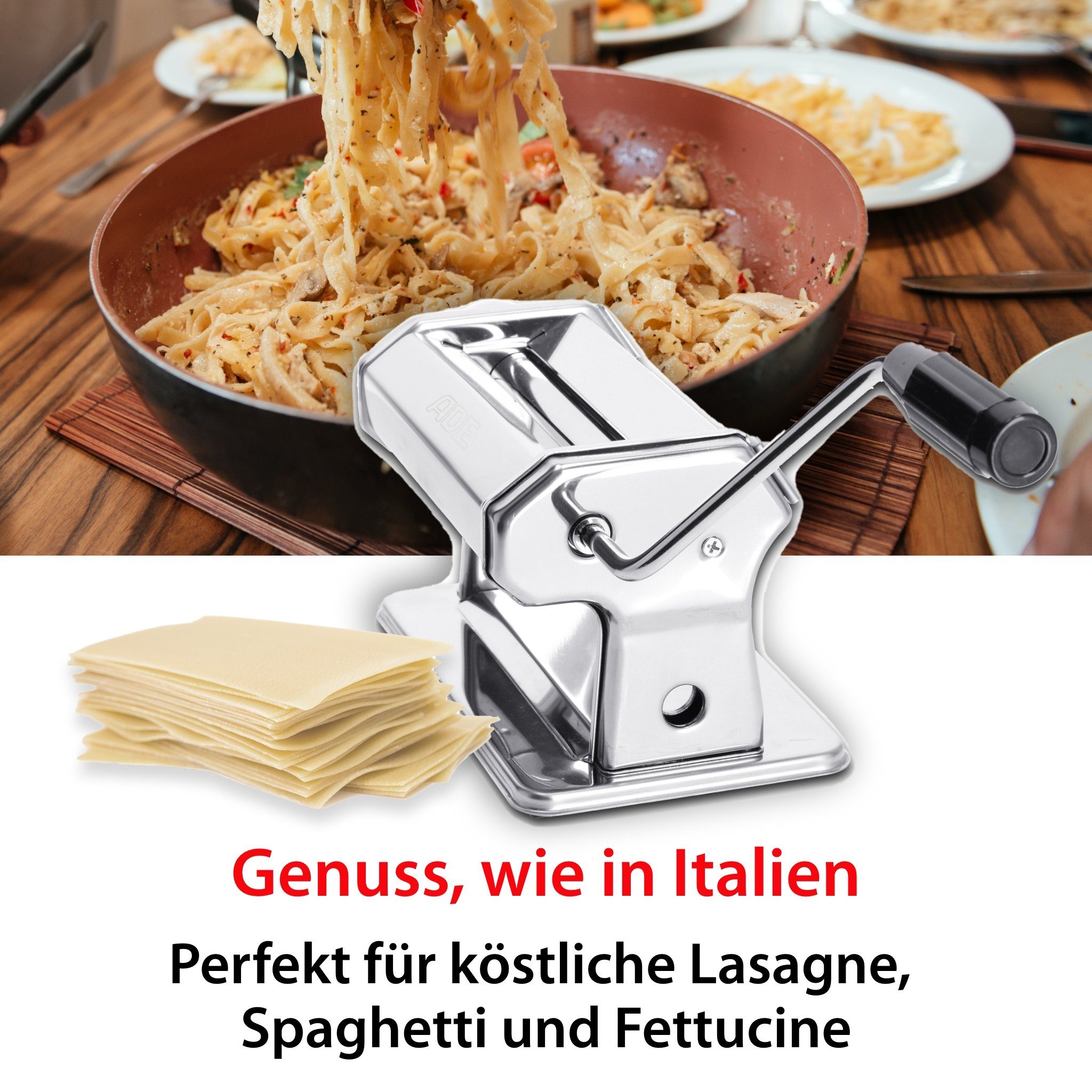 ADE Nudelmaschine Edelstahl, manuelle Pastamaschine, Pastamaker zur Herstellung von Lasagneplatten, Spaghetti, Fettuccine