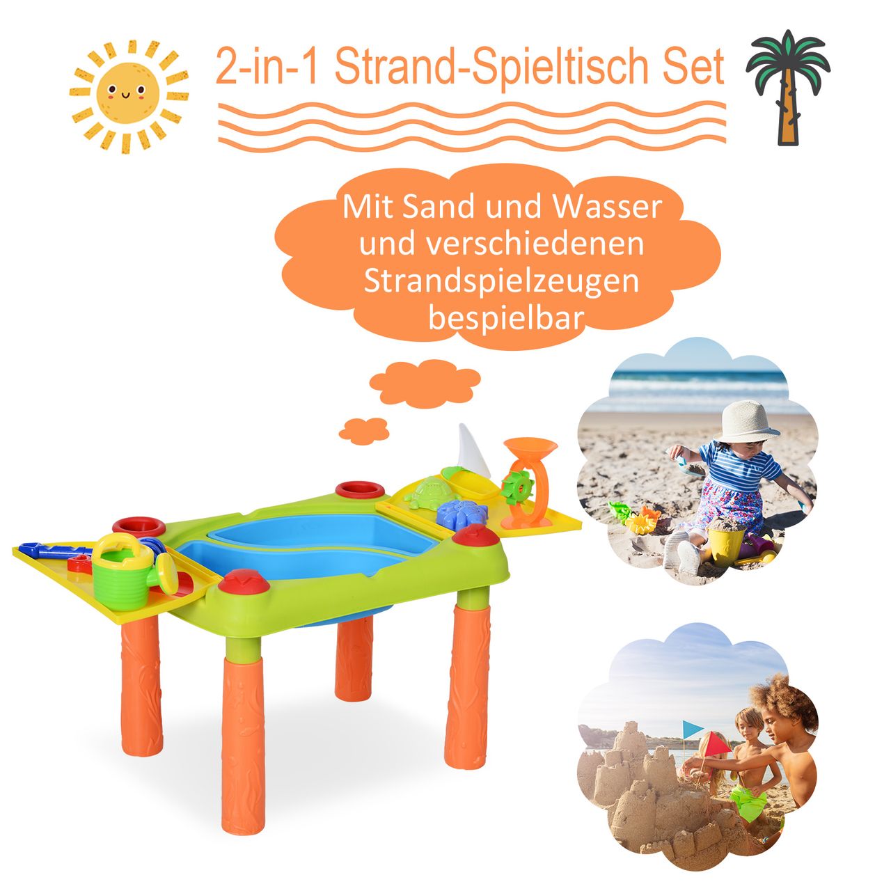 HOMCOM Kinder Sandspielzeug, Sandkastentisch mit 16-tlg. Zubehör, Spieltisch, Strandspielzeug, ab 3 Jahren, PP, 99,5 x 49 x 48 cm