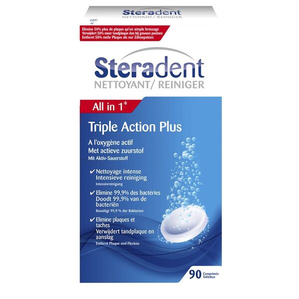 Steradent Triple Action Plus -puhdistustabletit lääkinnällisille laitteille - 90 kpl