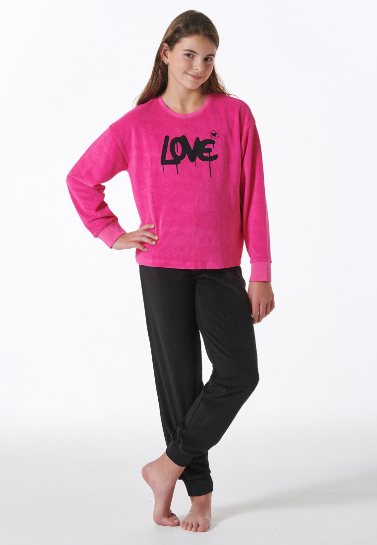 Schlafanzig lang Frottee Bündchen Love pink - Nightwear