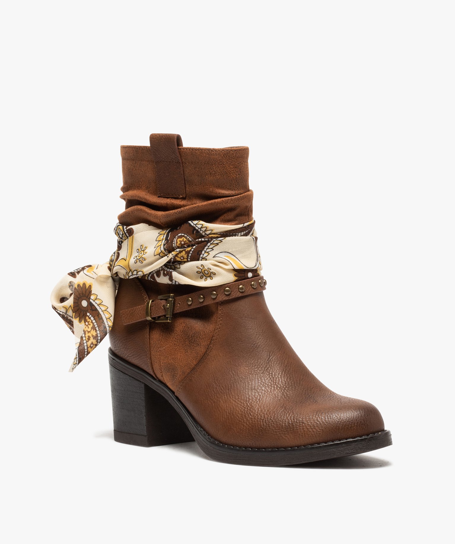 Boots femme à talon avec foulard et brides décoratives camel | GEMO