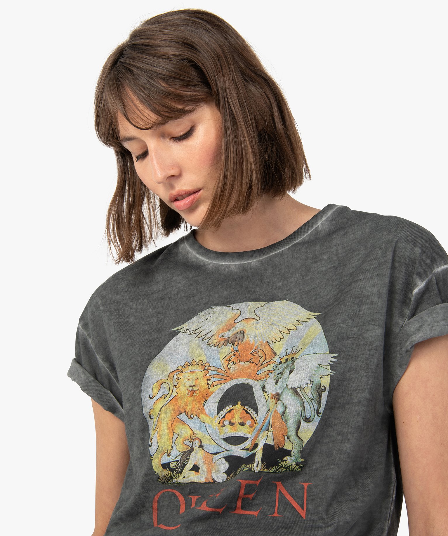 Tee-shirt femme ample et court à motif - Queen gris | GEMO