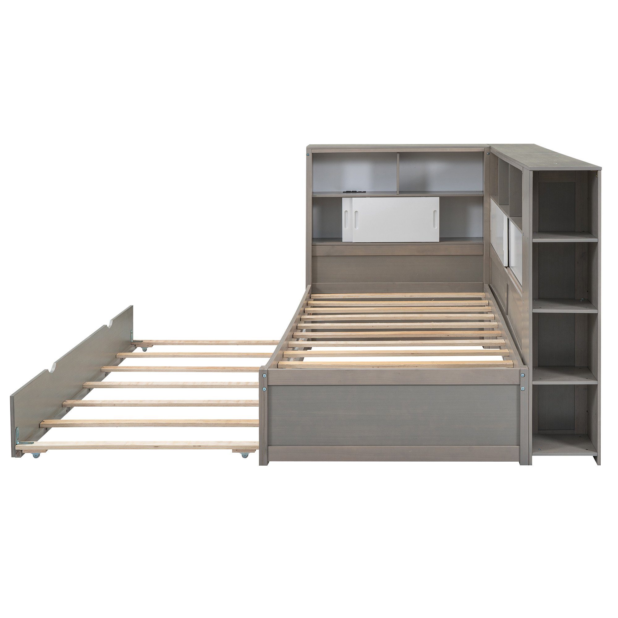 Flieks Massivholzbett, Holzbett 90x200cm mit Ladeanschluss/ Stauraum/ Ausziehbett 90x190cm
