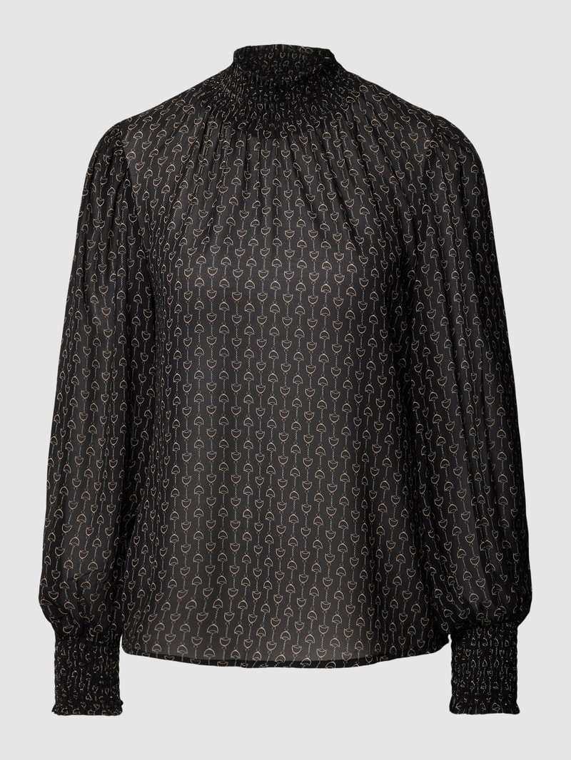 Bluse mit Stehkragen und Smok-Details in schwarz
