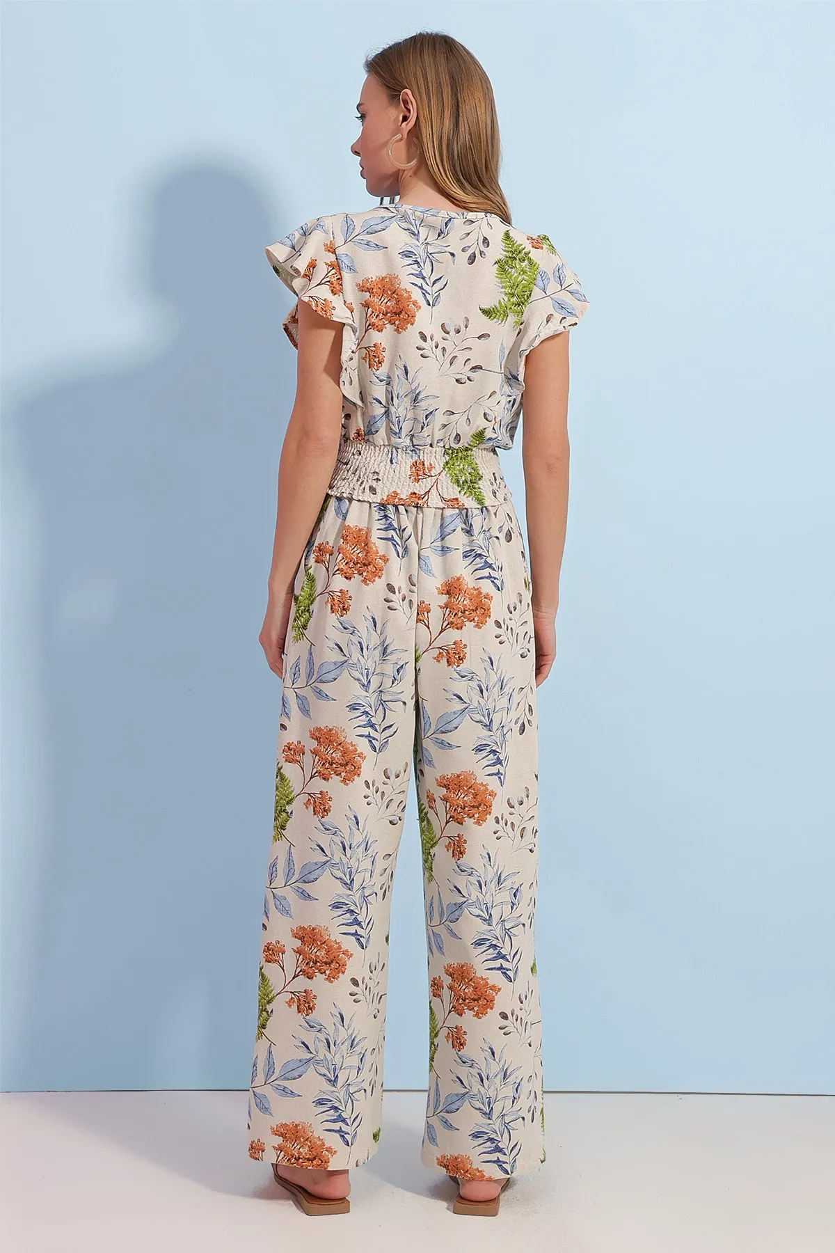 Pattaya  Damen-Set mit floral gemustertem Gipe-Detail-Unterteil und Oberteil aus Leinen P23s191-1342