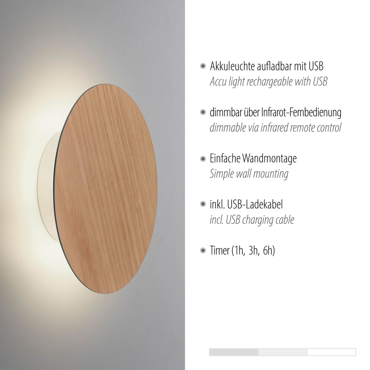 Paul Neuhaus LED Wandleuchte AKKU PUNTUA, Akkubetrieb, Klettverschluss, Holz-natur