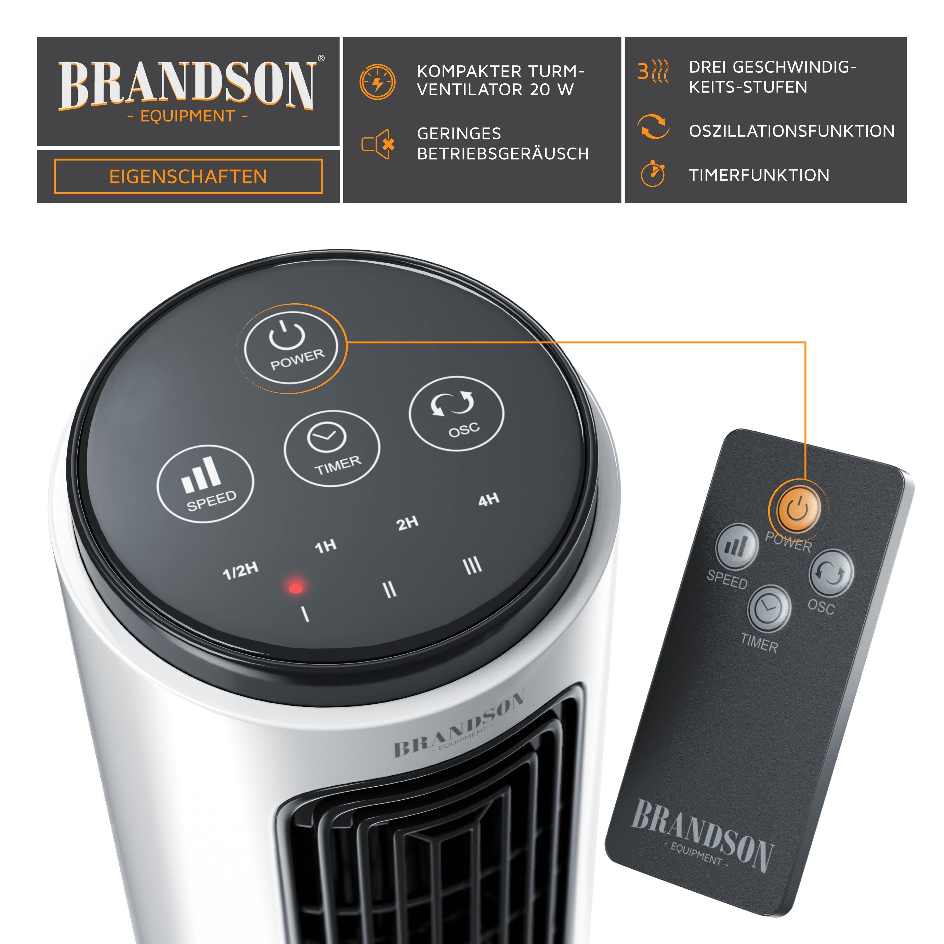 Brandson Turmventilator, Fernbedienung, Oszillation, Tischventilator 20W, kompakt, leise, Timer