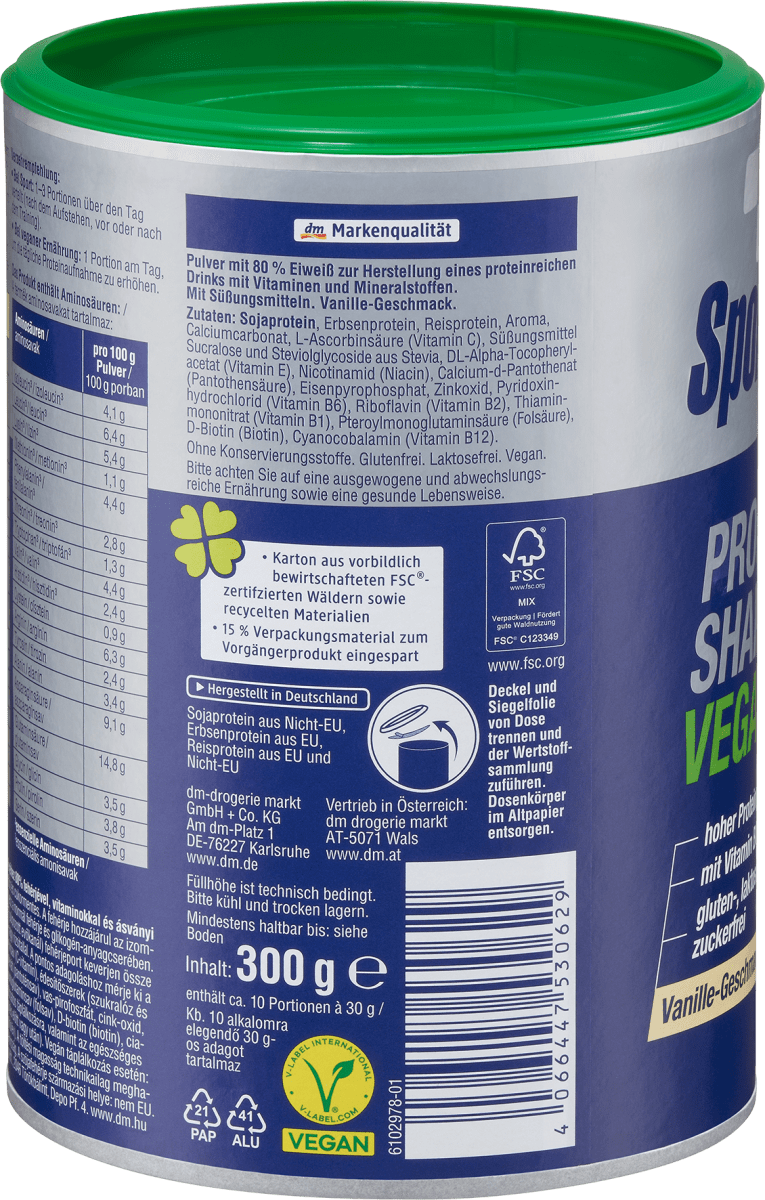 Proteinpulver, Protein Shake Vegan, Vanille-Geschmack, 300 g