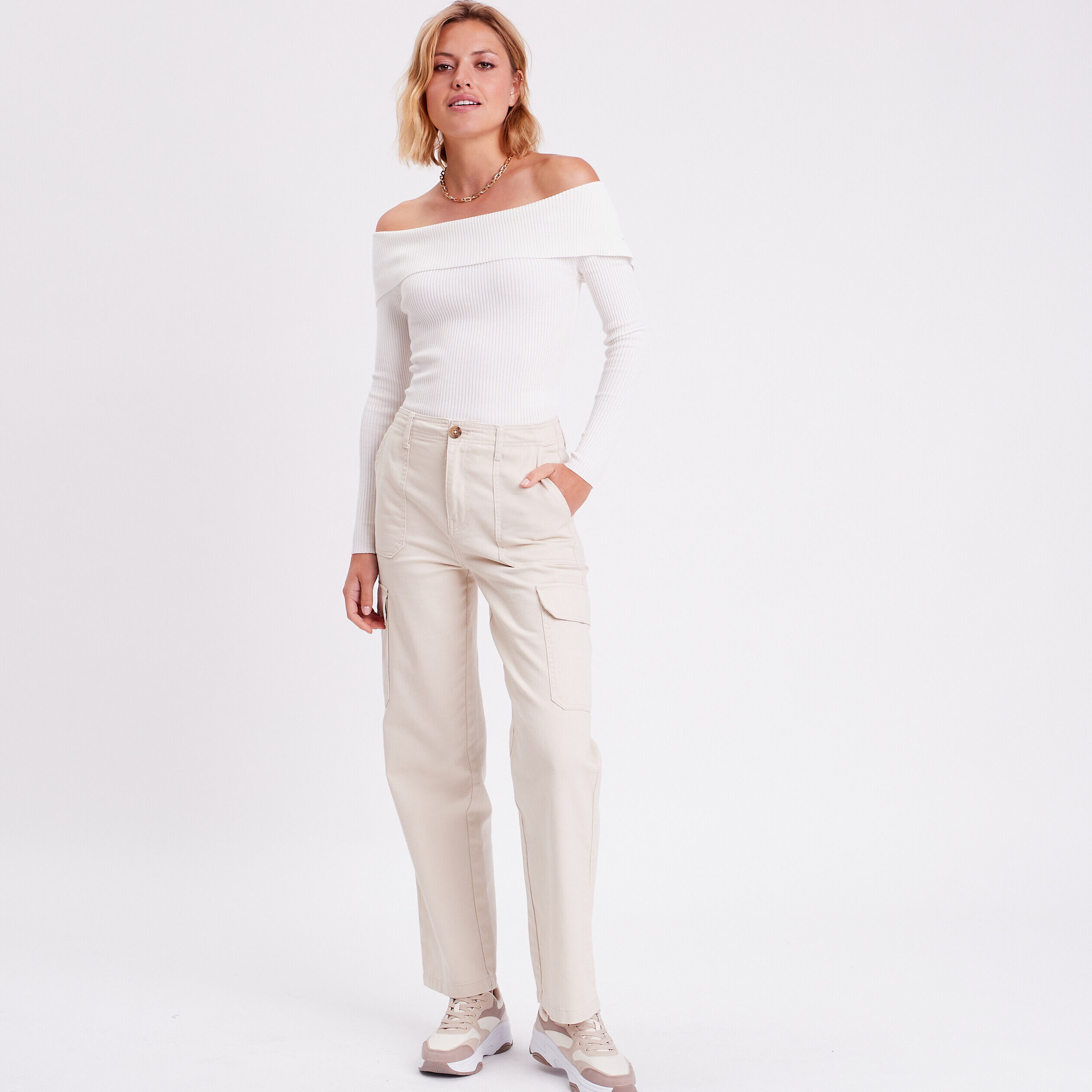 Pull col bardot côtelé ecru femme | Cache Cache