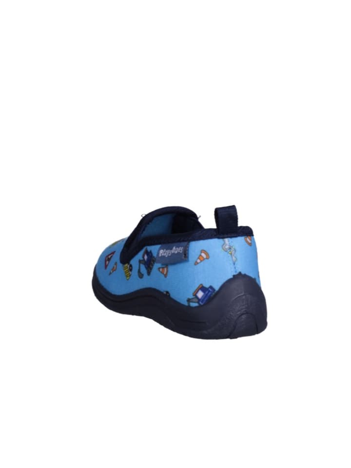 Playshoes Hausschuh Allover Baustelle in Blau günstig kaufen