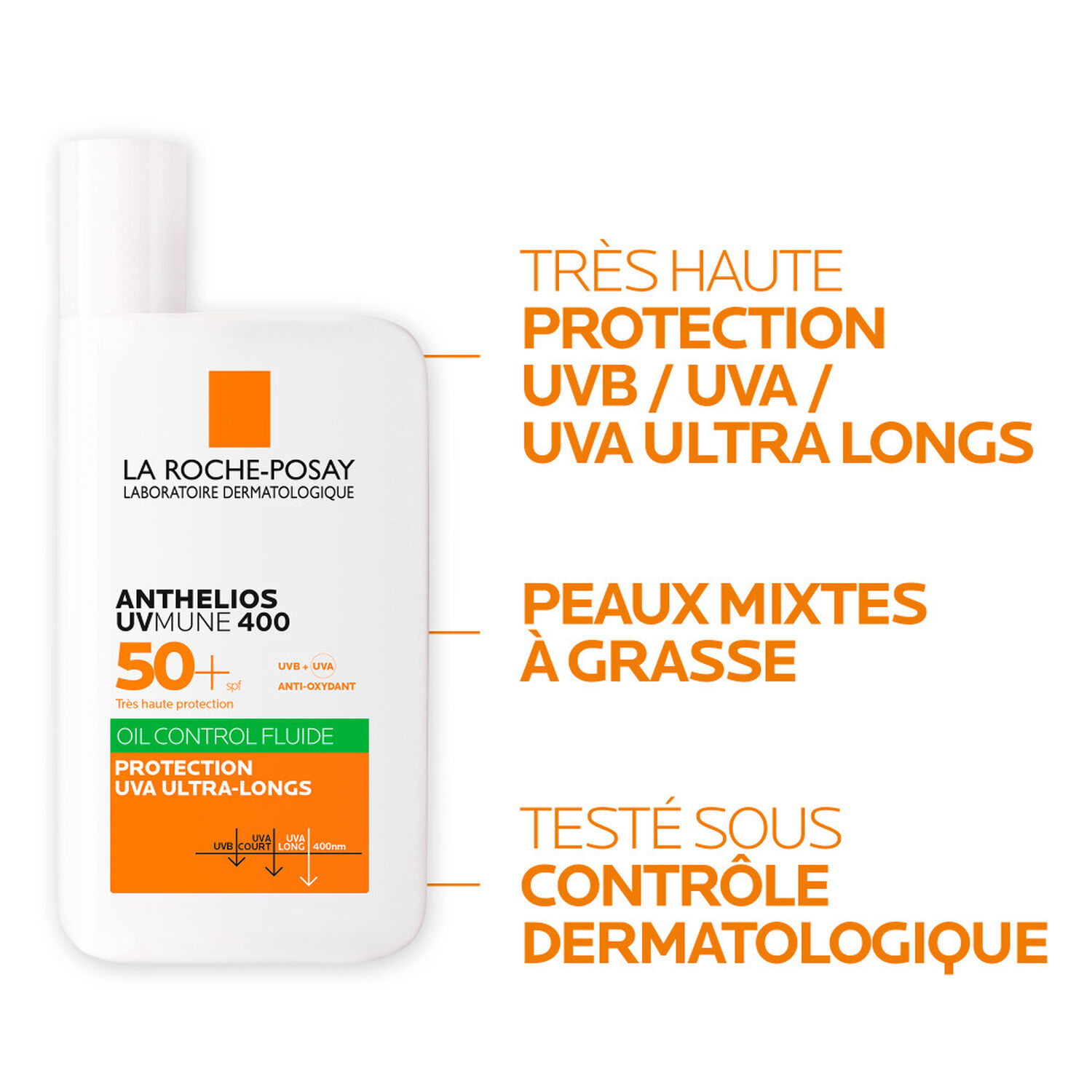la roche-posay Anthelios UVMune 400 SPF 50+ Fluide Solaire Anti-Brillance - Peau Mixtes à Grasses 50 ml