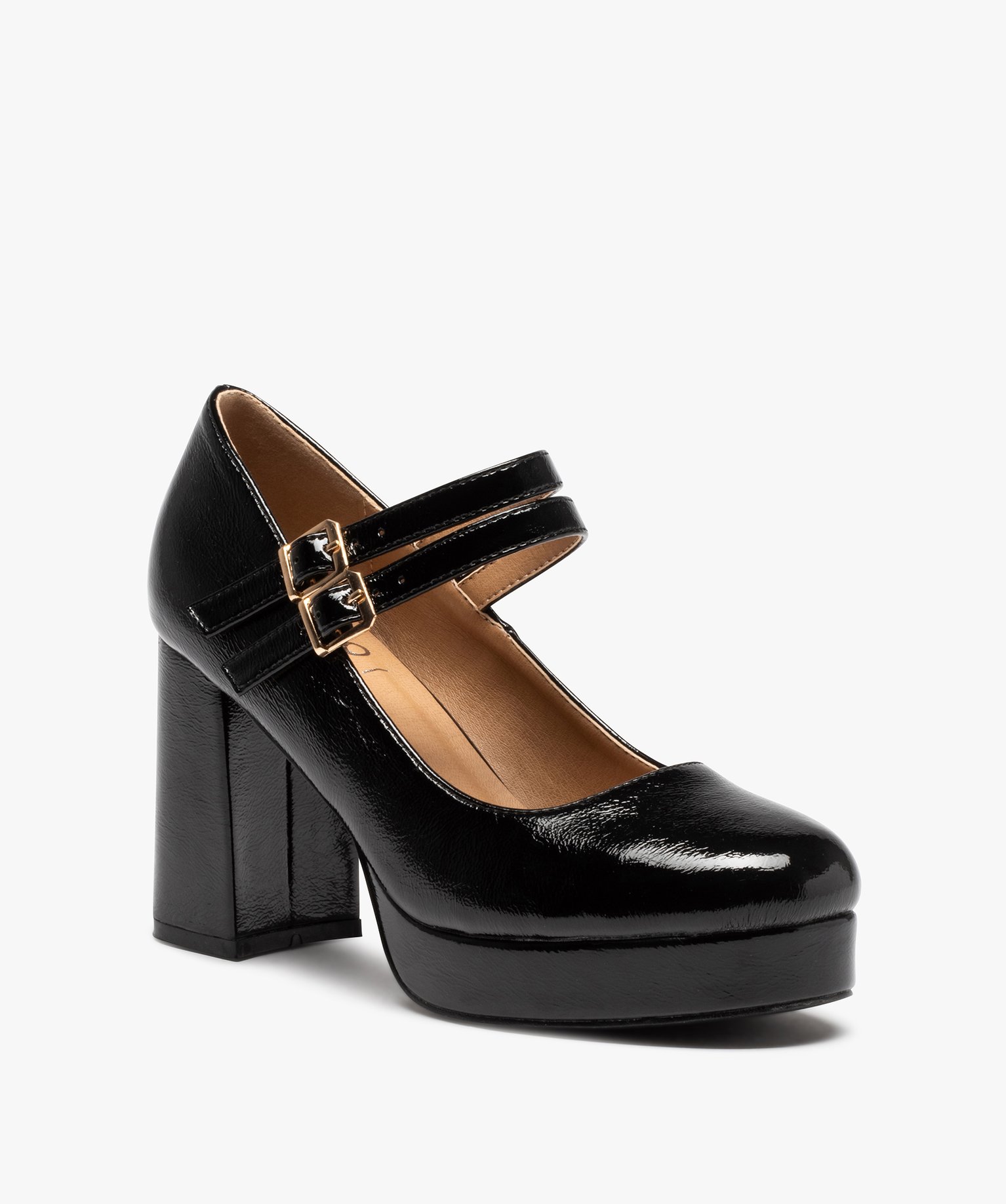 Escarpins babies vernis à talon et double bride femme noir | GEMO