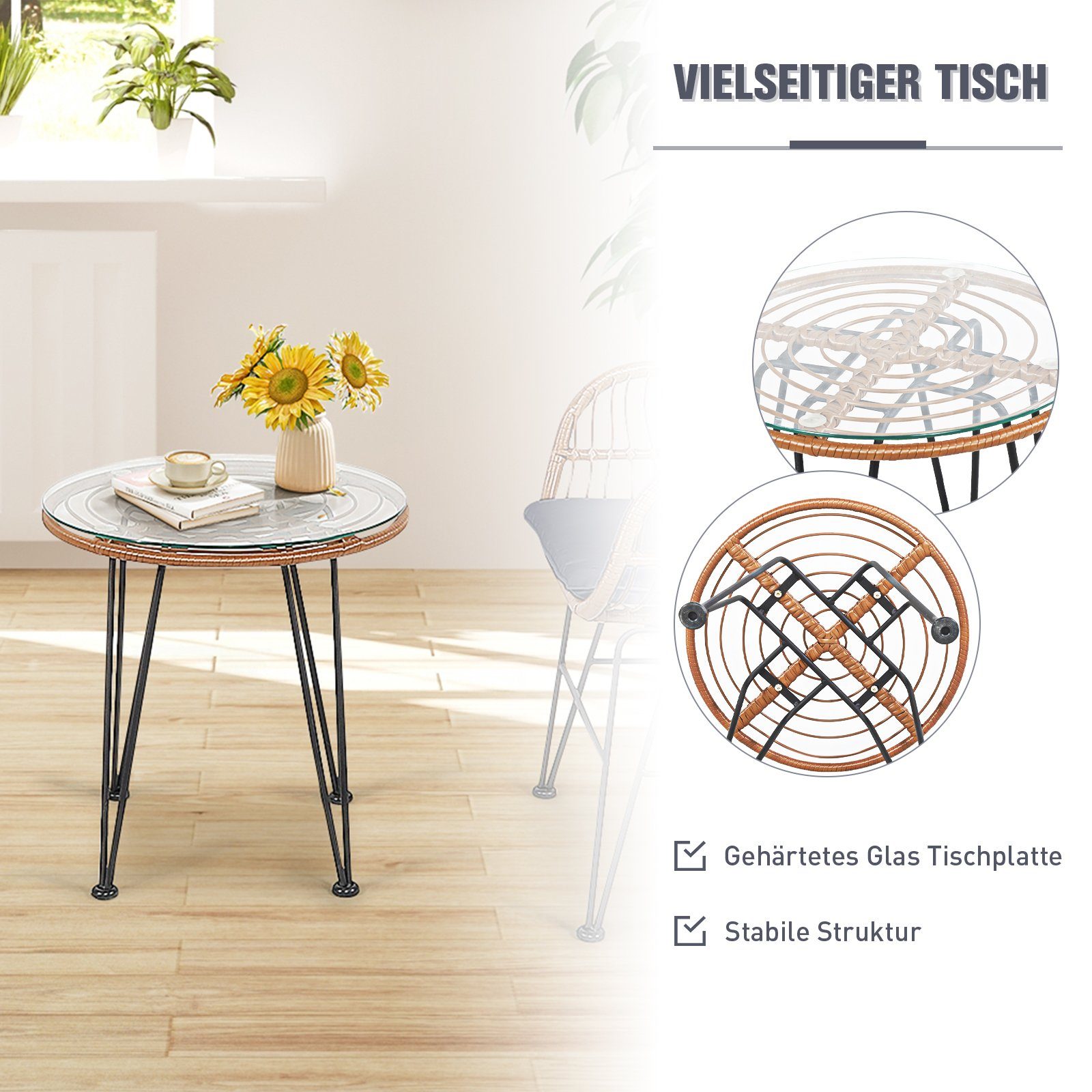COSTWAY Balkonset, 3-tlg, Rattan, 2 personen, mit Sitzkissen, 180kg