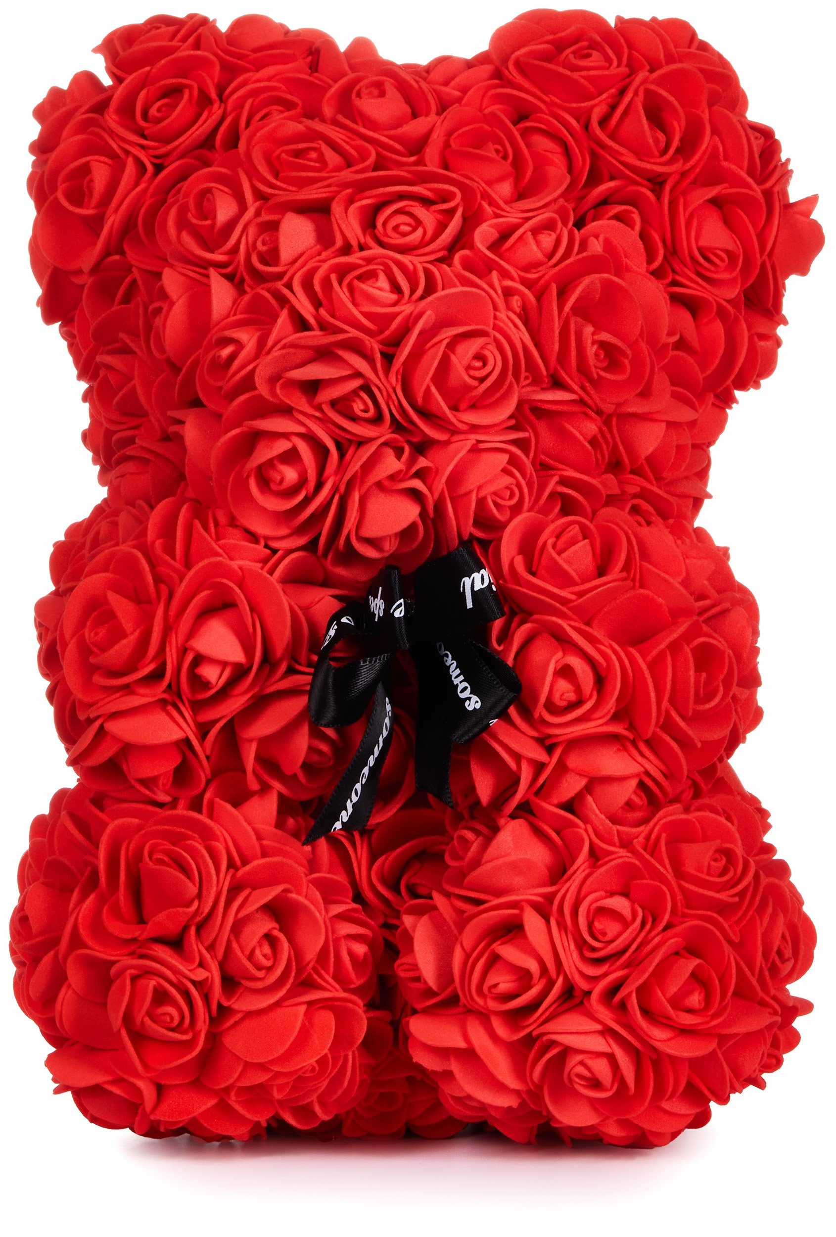 Kunstblume Rosenbär in Geschenkbox mit Schleife - Valentinstagsgeschenk Kunstblumenfigur, BRUBAKER, Höhe 25 cm, Rosen Bär, Blumen Teddy Geschenk Valentinstag, Rosen Teddybär