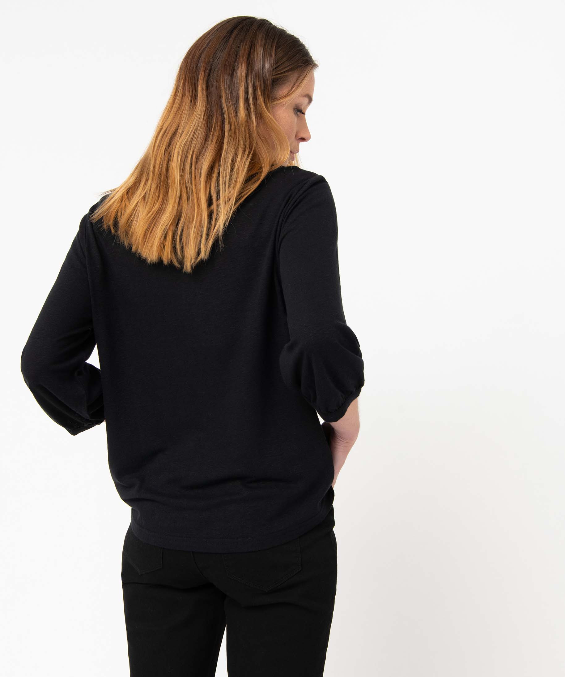 Tee-shirt femme à manches 3/4 avec smocks sur le buste noir | GEMO