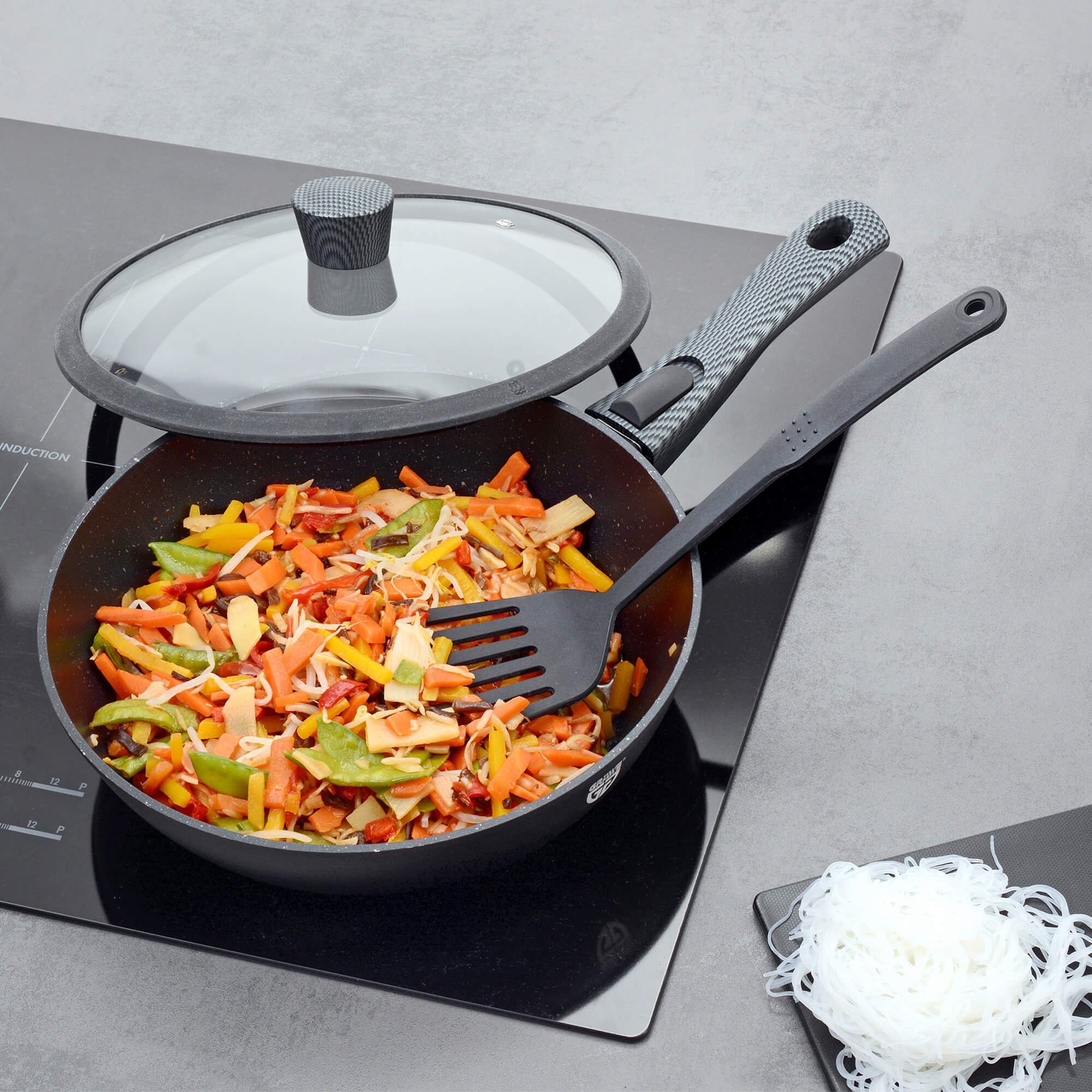 GRÄWE Allzweckmesser GRÄWE Pfanne Aluminium 28 cm, mit abnehmbarem Griff, Deckel und Wender