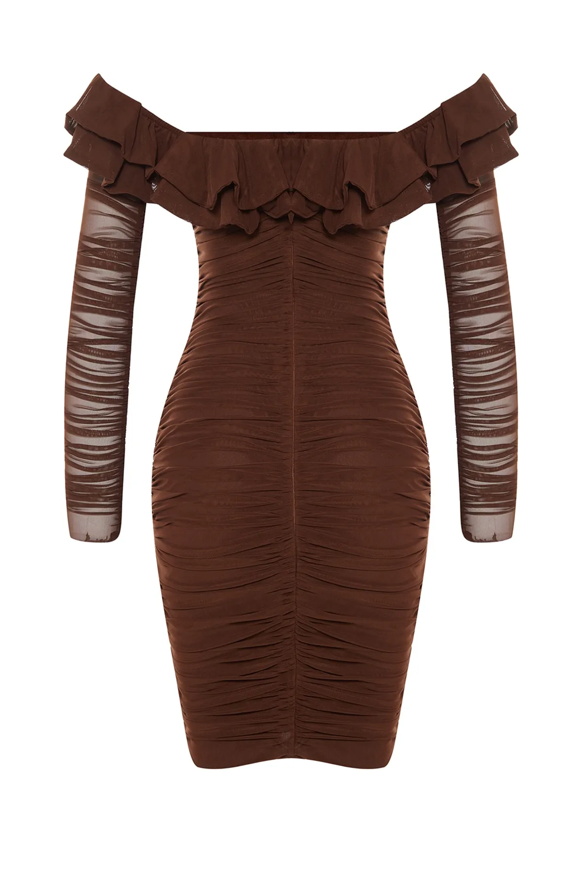 Trendyol Collection  Braunes, detailliertes Abendkleid mit Rüschen TPRAW23EL00066