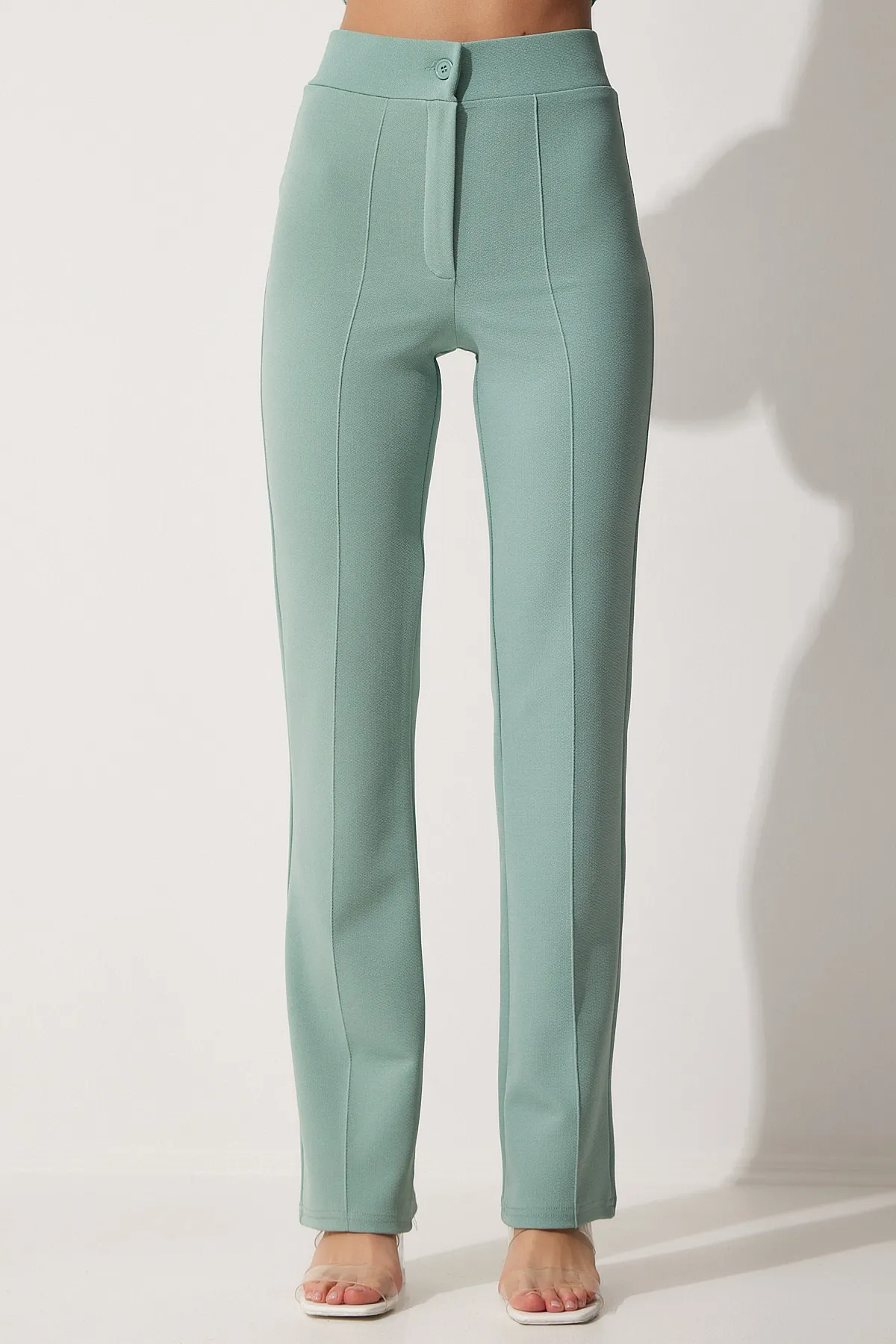 Happiness İstanbul  Grüne bequeme Strickhose aus Lycra mit hoher Taille für Damen RV00090