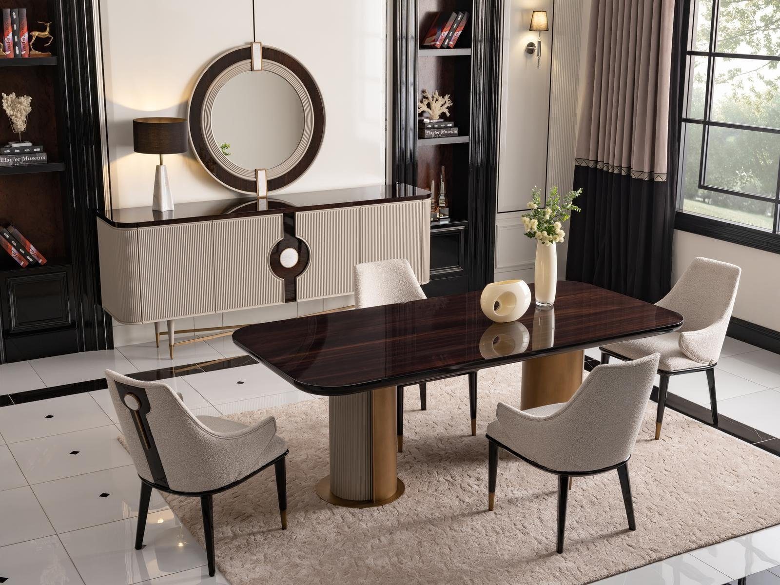 JVmoebel Esszimmer-Set Essecke Esszimmer Essgruppe Luxus Esstisch Stühle Beige Holz Set 9tlg, (9-St., 1x Esstisch + 6x Stühle + 1x Sideboard + 1x Spiegel), Made in Europa