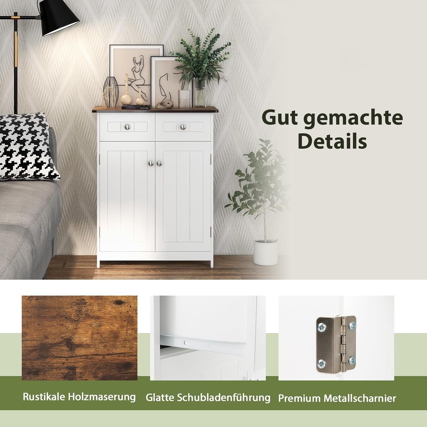 KOMFOTTEU Kommode Badzimmerschrank, mit höhenverstellbarem Regal, 60 x 30 x 75 cm