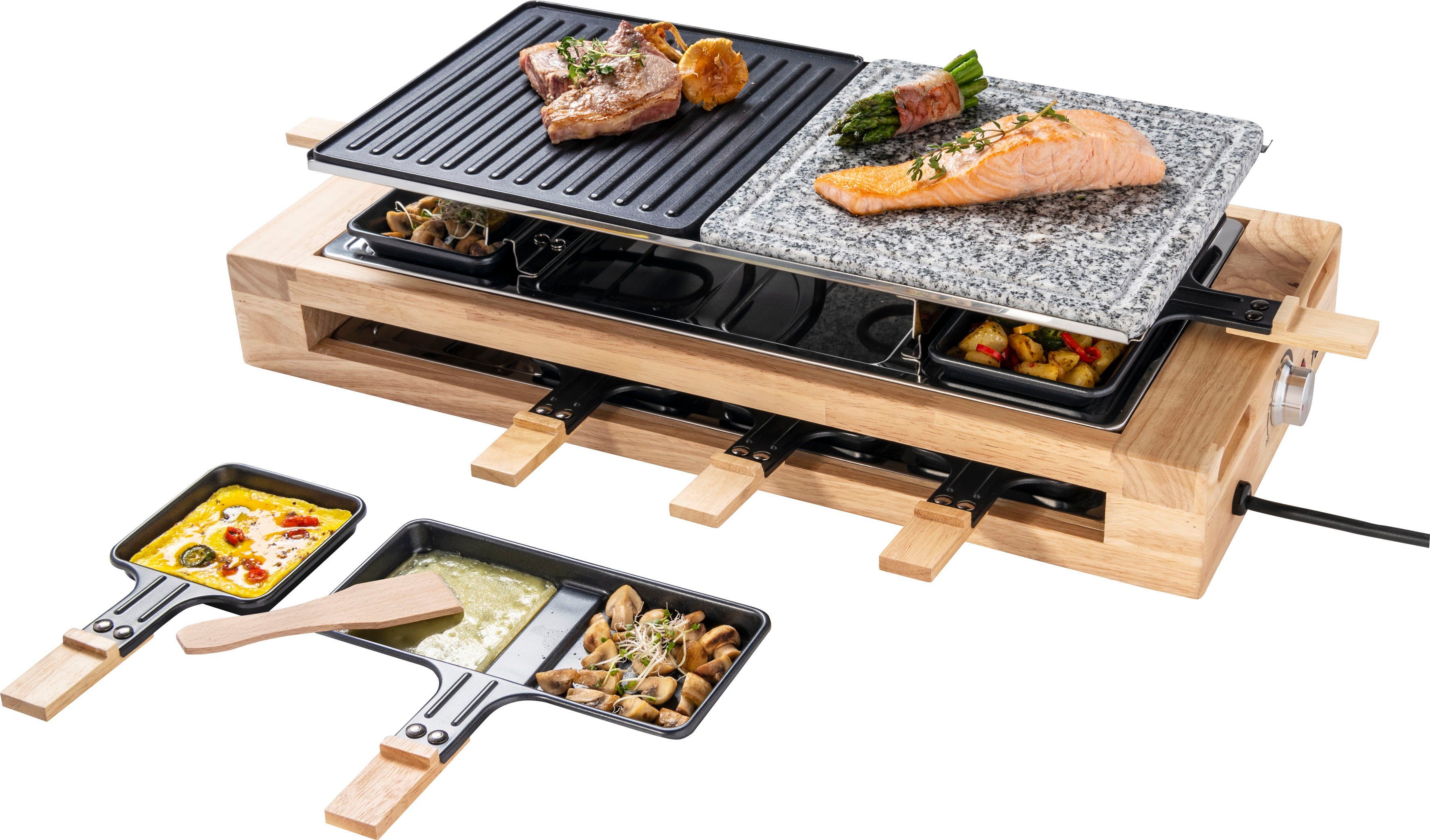 bestron Raclette ARG300BW XL Bambus, 8 Raclettepfännchen, 1500 W, Naturstein- & antihaftbeschichtete Grillplatte, inkl. Pfännchen-Set