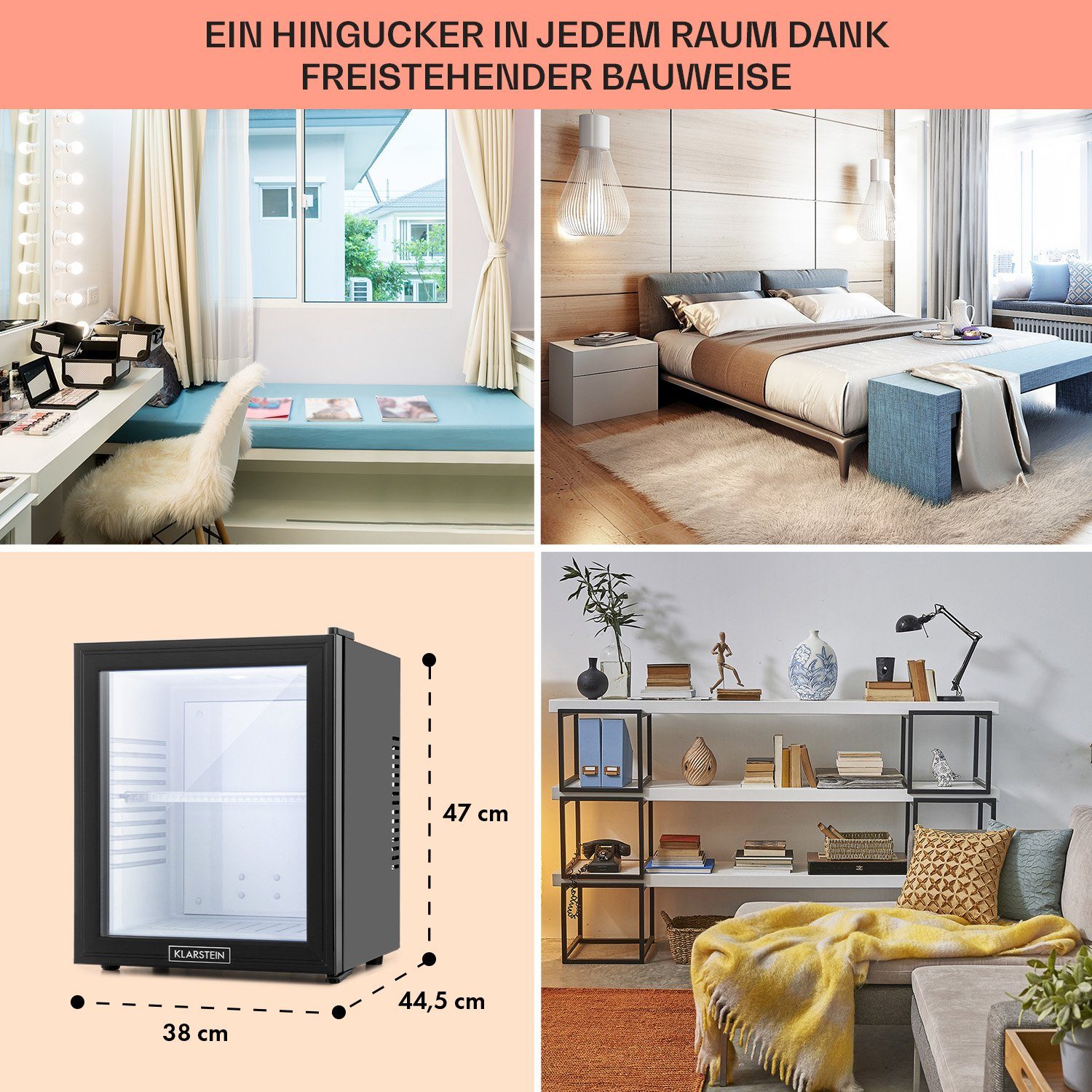 Klarstein Table Top Kühlschrank HEA-MKS-13 10005440A, 47 cm hoch, 38 cm breit, Hausbar Minikühlschrank ohne Gefrierfach Glastür klein Kühlschrank