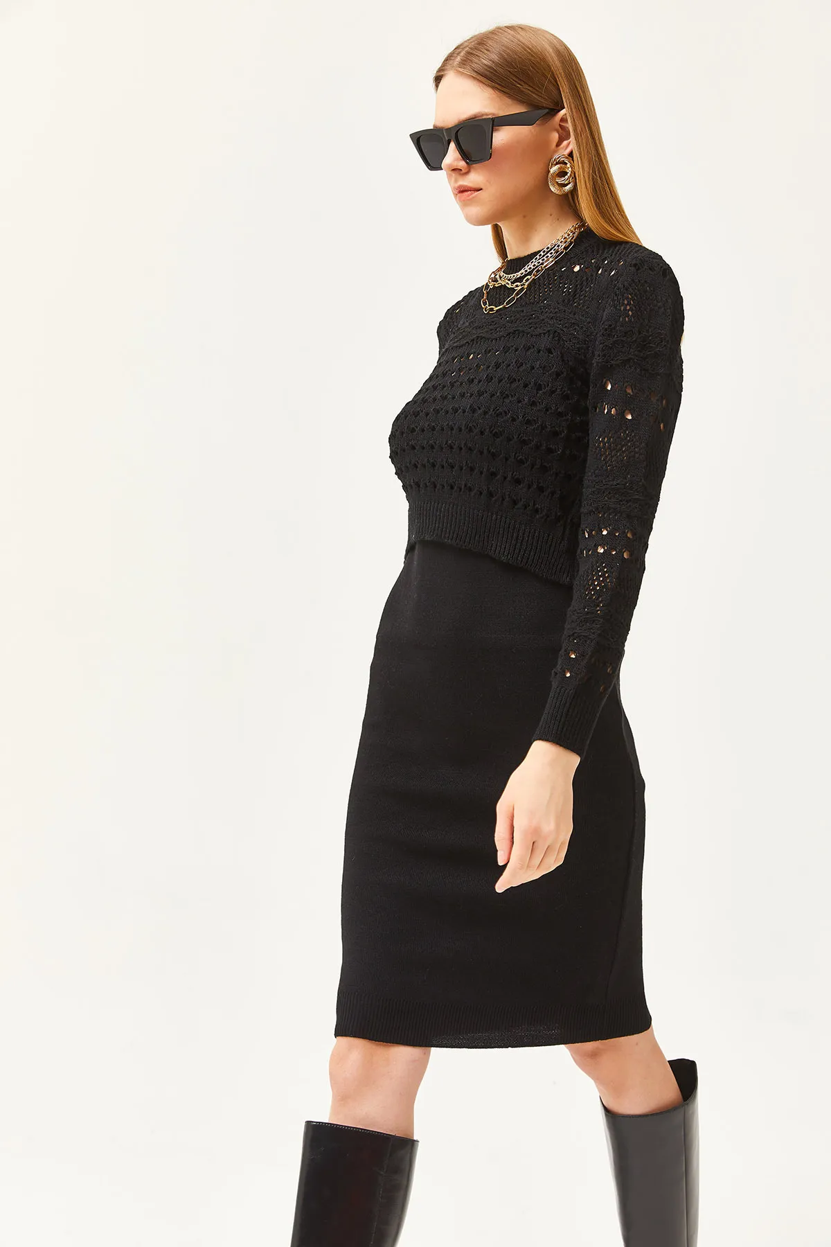 Olalook  Schwarzes Strickkleid mit dünnen Trägern und durchbrochenem Pullover-Set für Damen TKM-19000241