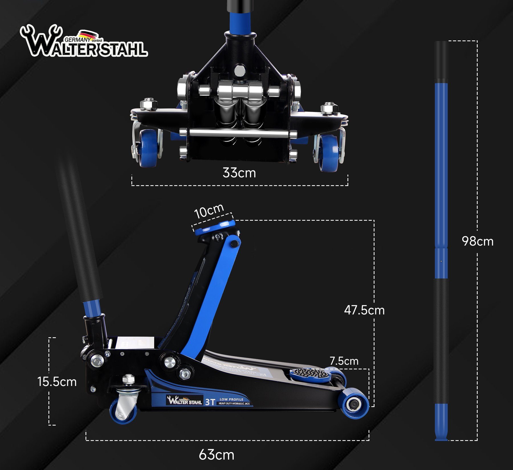 Walter Stahl Rangierwagenheber Hydraulisch 3T, Wagenheber Jack Flache Hubhöhe 75-460mm, max. Hubhöhe: 46,00 cm, Wagenheber-Set 75-460mm, 3T (66,00 lb)