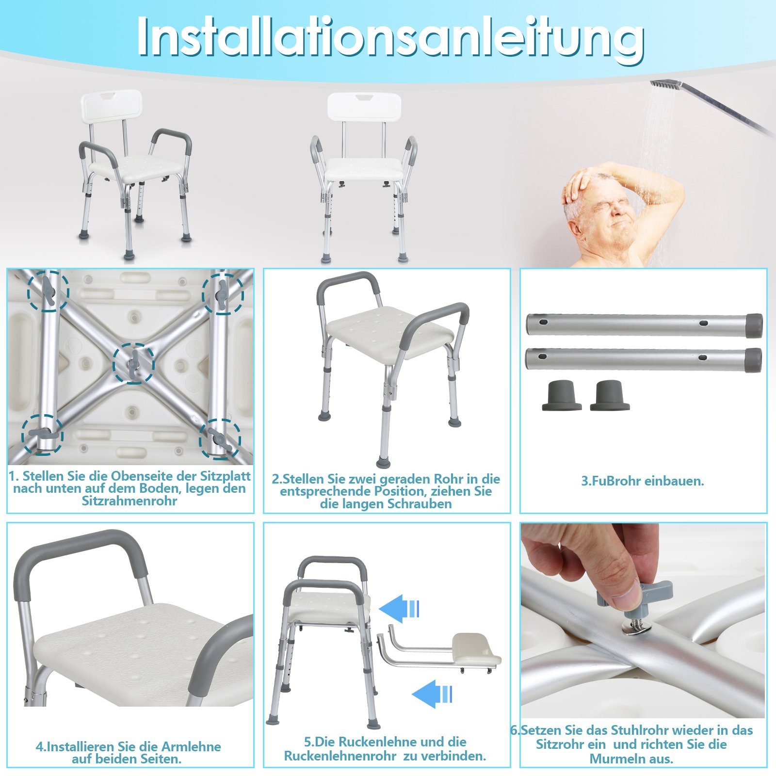 Clanmacy Dusch- und Badhocker Duschhocker Badhocker Höhenverstellbarer 6 Einstellbar Alu Badsitz