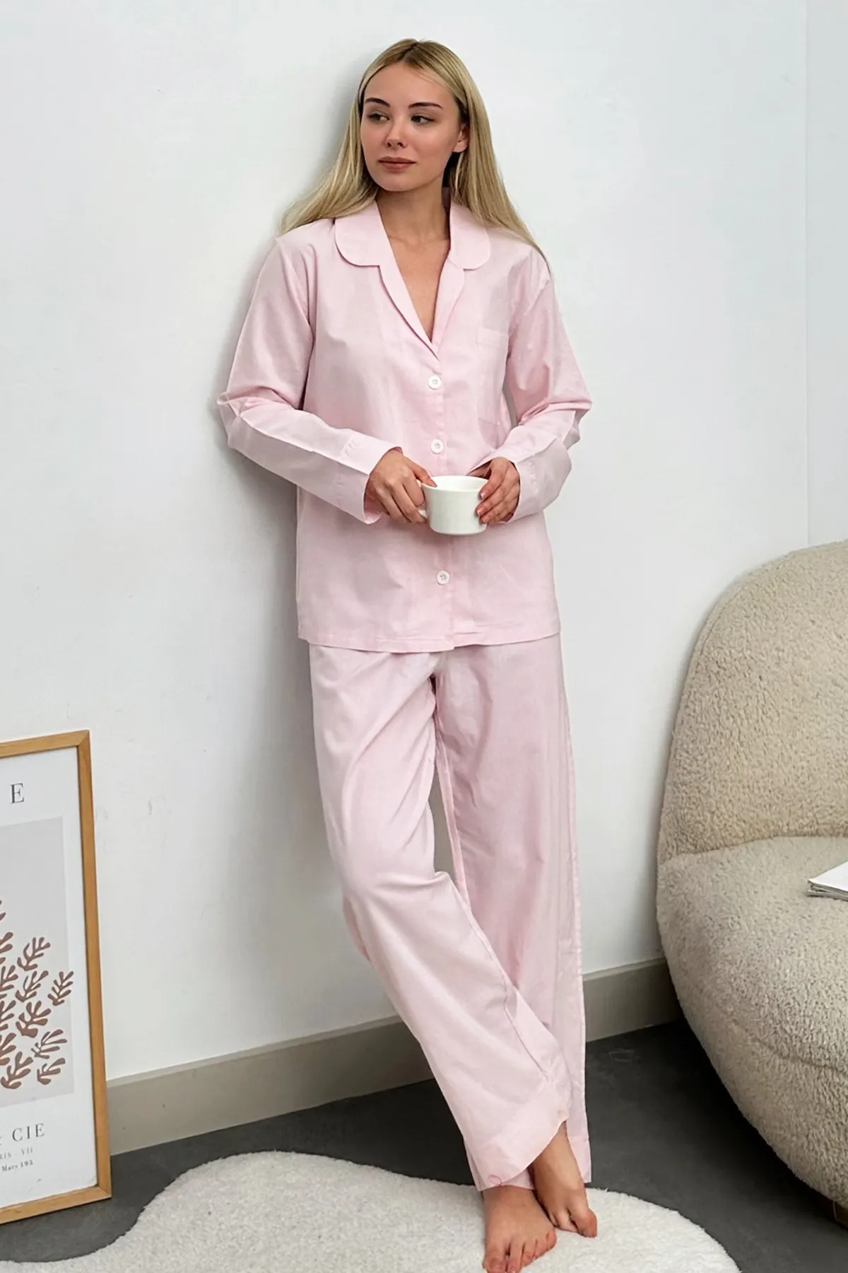 Trend Alaçatı Stili  Puderrosa gewebter Pyjama-Anzug mit einer Tasche für Damen Alc-X11661