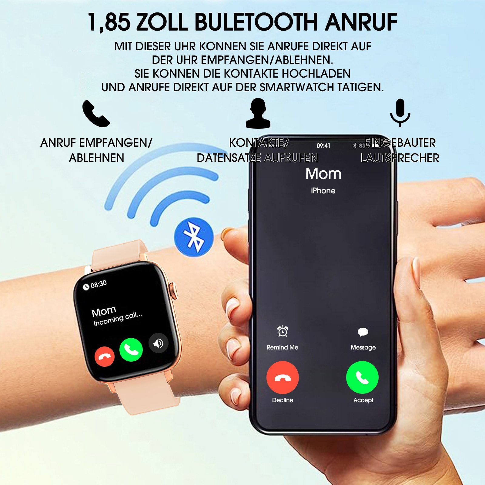 Yuede Smartwatch, Fitness Tracker uhr mit Anruffunktion für Damen und Herren Smartwatch (Quadratischer 1,96-Zoll-HD-Full-Touch-Farbdisplay Zoll) Gesundheits-Uhren mit Blutsauerstoff, Blutdruckmessung, Herzfrequenz, Schlafqualität, Schrittzähler, AI V