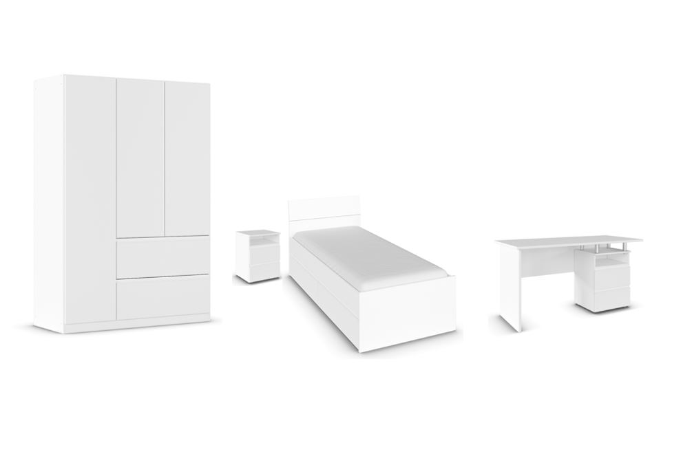 Rauch Möbel Joel Schlafzimmer bestehend aus Drehtürenschrank, Bett, Schreibtisch und Nachttisch