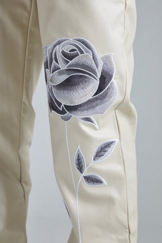 Bestickte PU-Hose mit geradem Bein und Reißverschluss