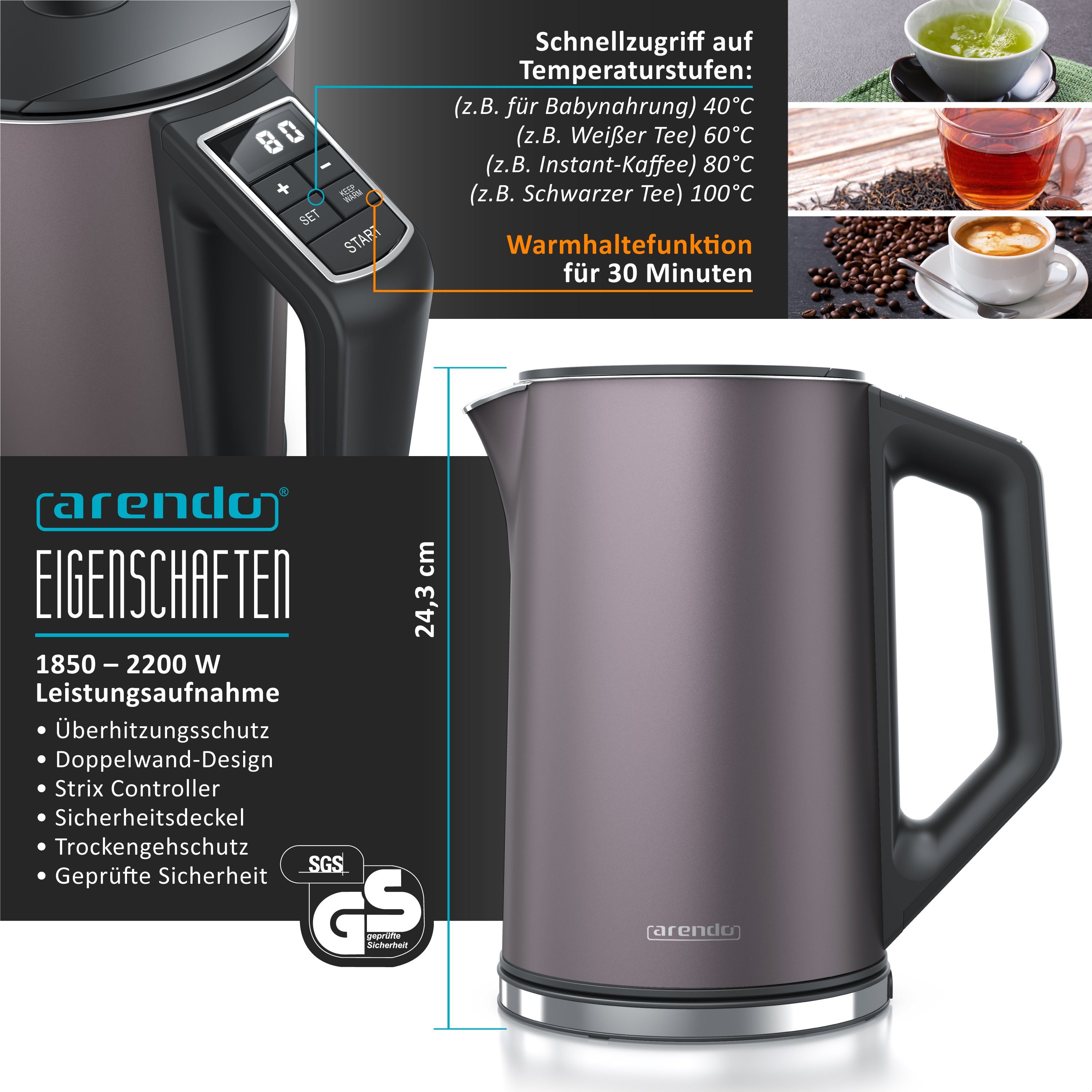 Arendo Frühstücks-Set (2-tlg), Edelstahl Wasserkocher 1,5l, 2-Scheiben Langschlitz Toaster, Grau